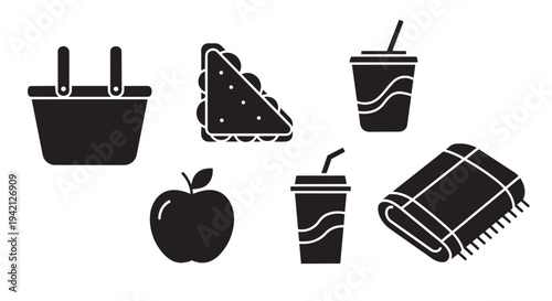 Collection of simple black and white illustrations for food and accessories on white background