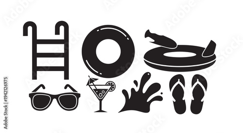 Summer vacation accessories collection including sunglasses and inflatable pool float illustration set