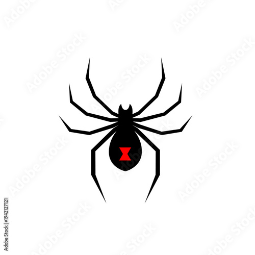 Black Widow Spider Illustration with Red Hourglass Mark on White Background