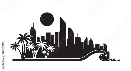 Modern cityscape silhouette with palm trees and ocean waves vector illustration design