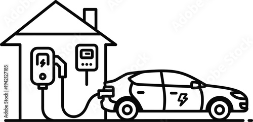 Electric vehicle charging at home with vector graphic