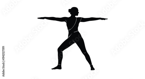 Black silhouette of a woman in warrior yoga pose, vector