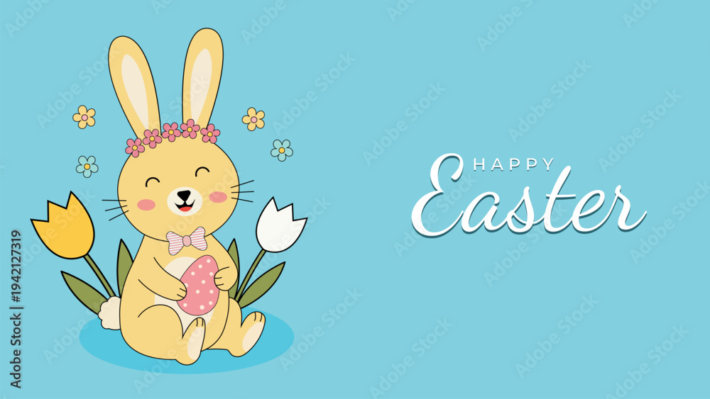 Fototapeta premium Cute Easter Bunny With Flowers Spring Holiday Greeting Banner Design For Social Media Marketing Poster Card And Website Promotion