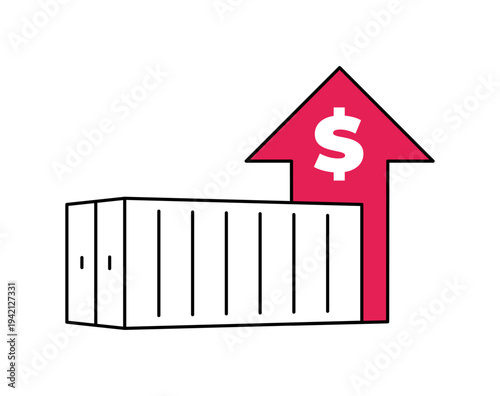 A shipping container with an upward arrow and dollar sign, indicating tariff increases in global trade.