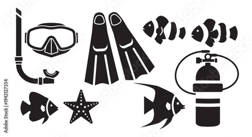 Scuba diving equipment and marine life icons set in black vector illustration for ocean adventure theme