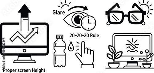 Vector graphics illustrating proper screen height and glare reduction techniques