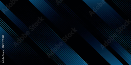 Black background with overlapping blue geometric layers and glowing blue stripes effect decoration. Modern graphic design concept for cover, banner, brochure, certificate and website. VOL. 2