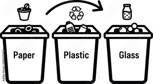 Vector recycling bins for paper plastic and glass