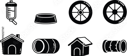 Vector graphics of various objects including syringe wheels dog house and barrels