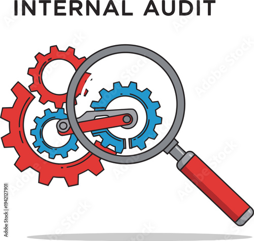 A magnifying glass focuses closely on interconnected red and blue gears illustrating the concept of internal audit processes.