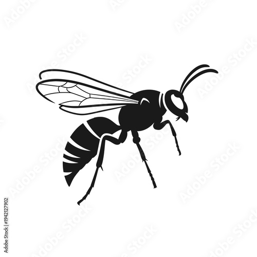 Black and white illustration of a wasp in flight on a white background.