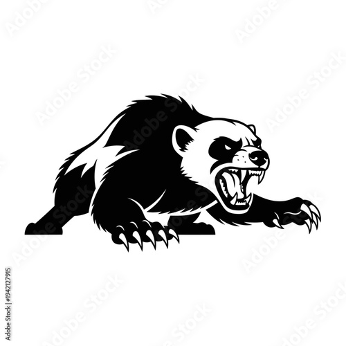 Ferocious wolverine illustration in black and white, ready to attack with claws.