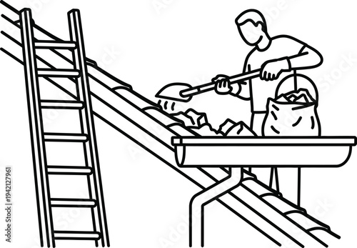 Vector illustration of a person working on a roof with a ladder and shingles
