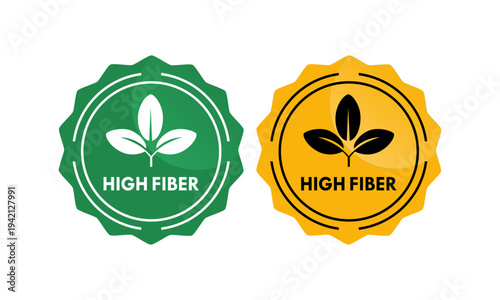 High fiber tamp badge icon with leaf element, isolated on white background. Professional vector seal for healthy food packaging and organic product labeling.