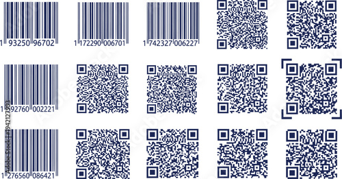 Multiple rows display various arrangements of blue barcode patterns and complex QR code matrices for scanning purposes.