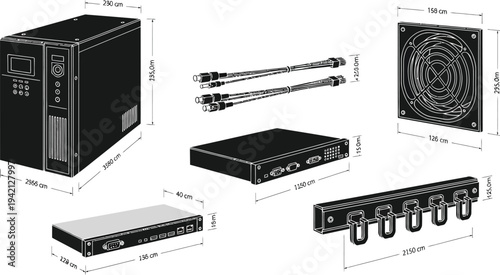 Electronic hardware components and connection cables are displayed with precise dimensional measurements for technical.