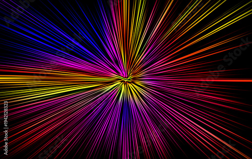 Abstract radial zoom blur surface with intense multicolored light rays bursting outward to create a dynamic energetic motion effect on a dark background.

