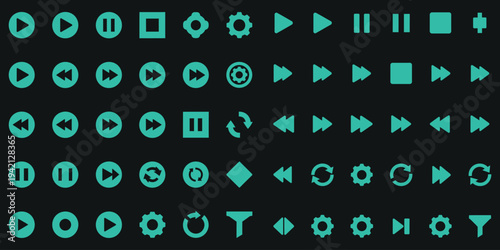 Collection of various media control and playback icons in cyan on black background