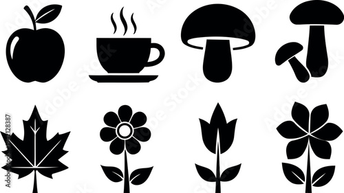 Collection of black icons featuring food plants and fungi on a white background