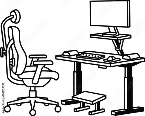 Vector graphic of modern ergonomic home office workspace with adjustable desk and chair