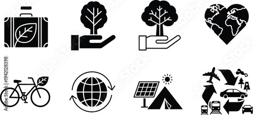Vector icons for sustainable travel and eco friendly tourism