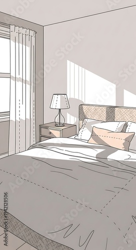 Cozy bedroom interior with sunlight.