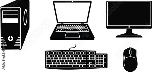 Collection of essential computer peripherals and hardware components displayed as black silhouettes on a white background.