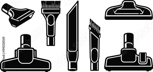 Vector graphic of various cleaning tools and vacuum cleaner attachments