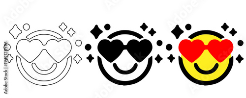 Sparkling heart eyes emoji icon set vector illustration with outline, solid black and yellow styles, smiling face with love hearts and sparkles, romantic admiration reaction symbols for chat, stickers