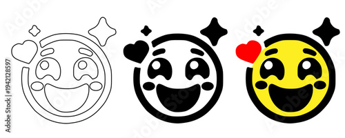 Sparkling love excited emoji icon set vector illustration with outline, solid black and yellow styles, happy face with hearts and sparkles collection, romantic admiration reaction symbols for chat