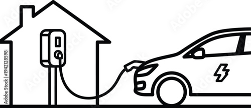Electric vehicle charging at home with vector graphic
