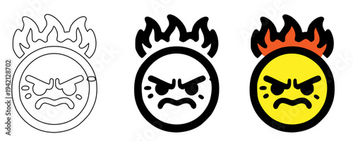 Angry fire emoji icon set vector illustration with outline, solid black and yellow flame styles, furious burning face collection, rage emotion symbols for stickers, apps, gaming and UI design