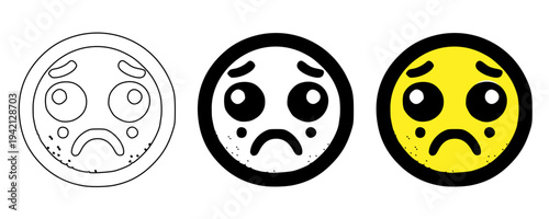 Sad scared emoji icon set vector illustration with outline, solid black and yellow styles, crying worried face collection, negative emotion symbols for chat, social media, apps and UI design