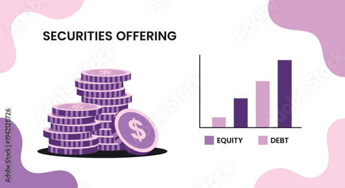 Stacks of purple coins and a bar chart illustrating equity and debt proportions are displayed on a white background.