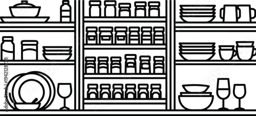Vector illustration of kitchen utensils and dishware on shelves