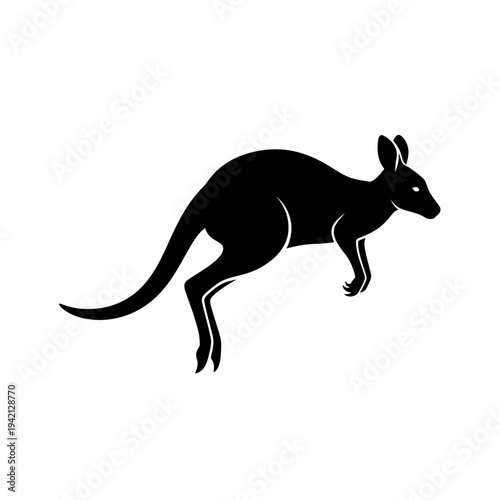 Silhouette of a jumping kangaroo in black and white on a white background.