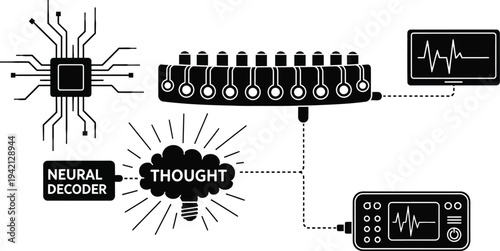 A complex diagram illustrates the concept of a neural decoder converting a thought represented by a bright lightbulb into.