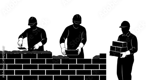 Construction workers building a brick wall with materials and tools