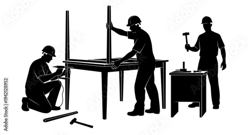 Three workers building a structure with tools and materials on a construction site