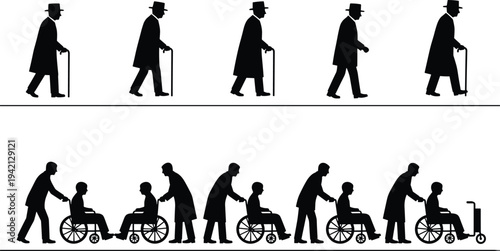 Elderly man walking with cane and wheelchair assistance silhouette sequence representing aging process, healthcare support, mobility aid, and senior care