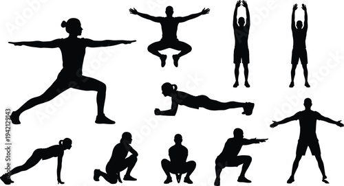Fitness workout silhouette collection showing yoga pose, plank, squat, jumping exercise and stretching movements isolated on light background