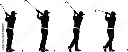 Golfer swing silhouette sequence showing golf player hitting ball with club, illustrating professional sport motion, athletic technique, and golf game action