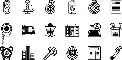 A collection of black and white outline icons represents various industrial and utility concepts arranged in a grid format.