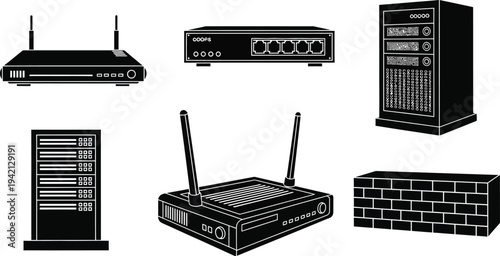 Network hardware components including routers, servers, and a firewall are shown in a black and white digital illustration.