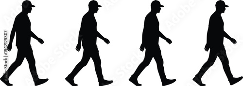 Walking man silhouette sequence showing step by step human walk cycle motion isolated on light background minimalist vector style animation reference