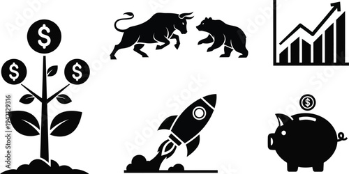 A collection of black and white investment icons depicts financial growth symbols like bulls, bears, and rockets.