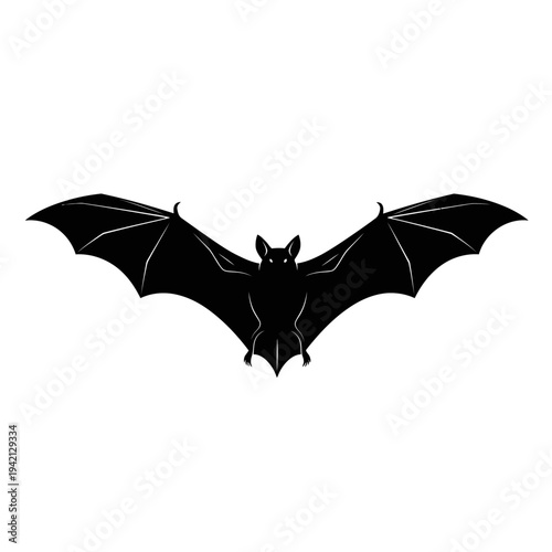 Silhouette of a black bat with outstretched wings isolated on white background.