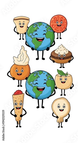 Food items with smiling earth character.