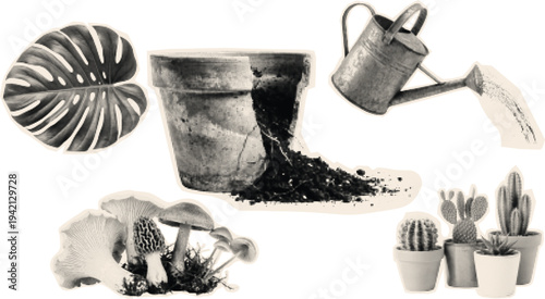 Halftone sticker style spilled terracotta pot with soil watering can and assorted potted plants including monstera mushrooms cactus textured vintage