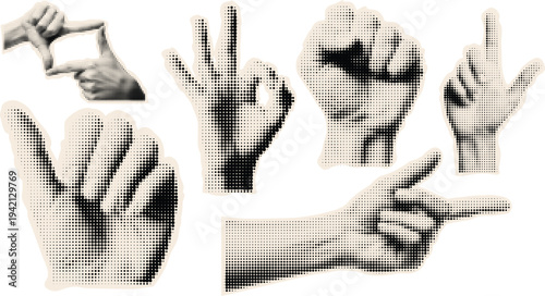 Halftone vector hand gesture set showing multiple poses close up retro dotted effect pointing ok fist palm framing side view
